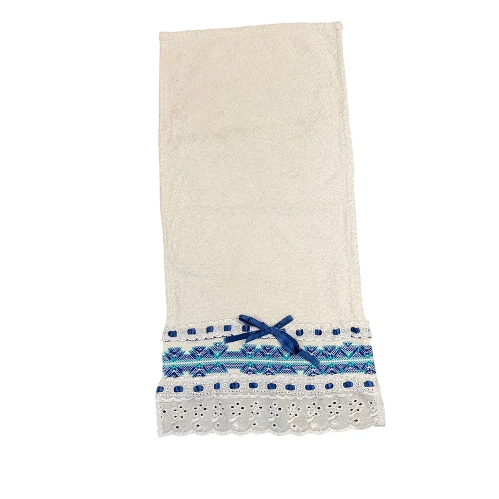Vintage White Hand Towel Blue Embroidery Eyelet Lace Trim Navy Ribbon Bow